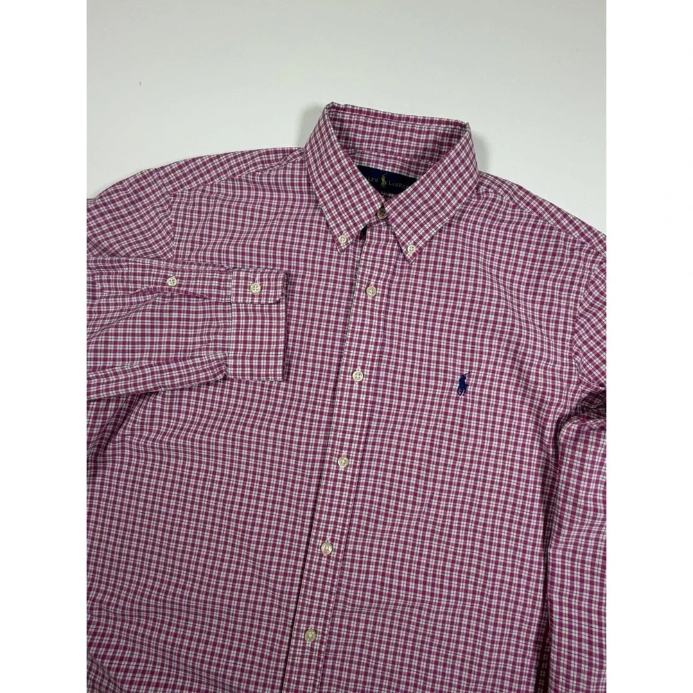 Ralph Lauren Shirt Mens Large Pink White Check Tattersall Button Down Long